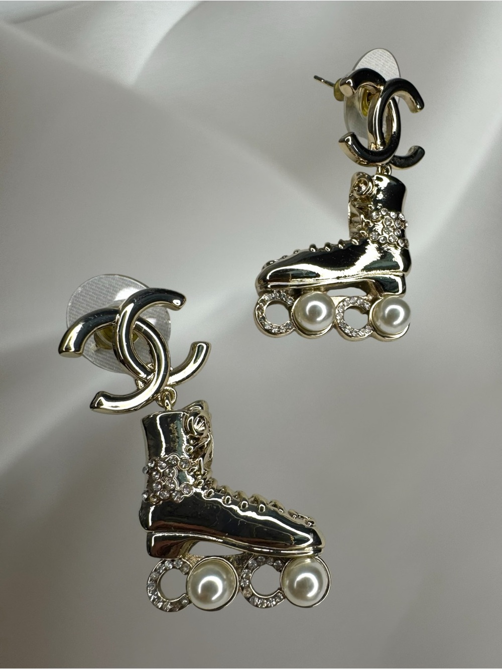 CHANEL Silver Roller Skate COCO Earrings with Pearl Wheels
